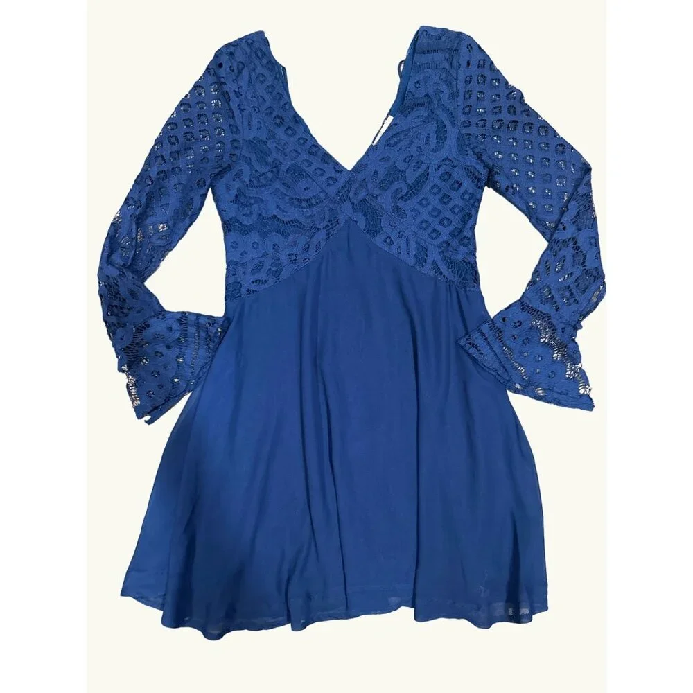Navy Blue Lace Long Sleeve VNeck Lace Chiffon Dress Flared Sleeves Back Tie Sz S - Picture 9 of 10